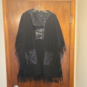 Vince Camuto Black Hooded Poncho with Fringe